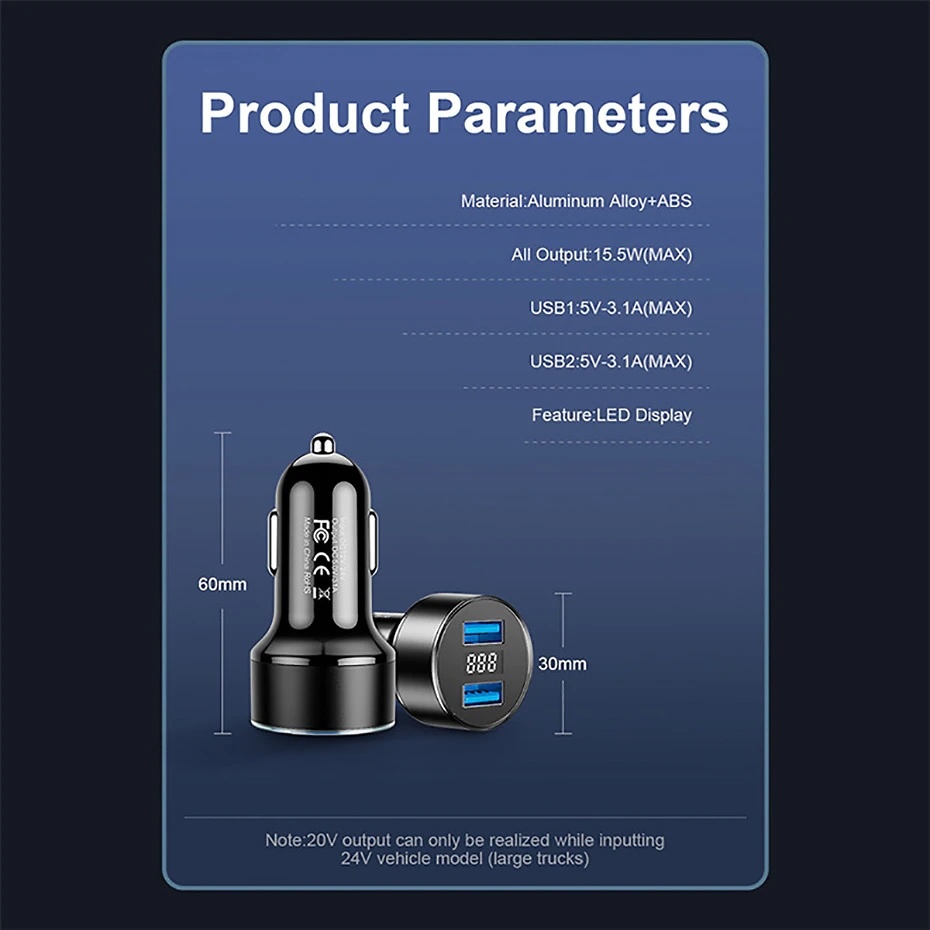 Cargador de coche universal con 2 puertos USB carga rapida de 5v/3.1A con display 